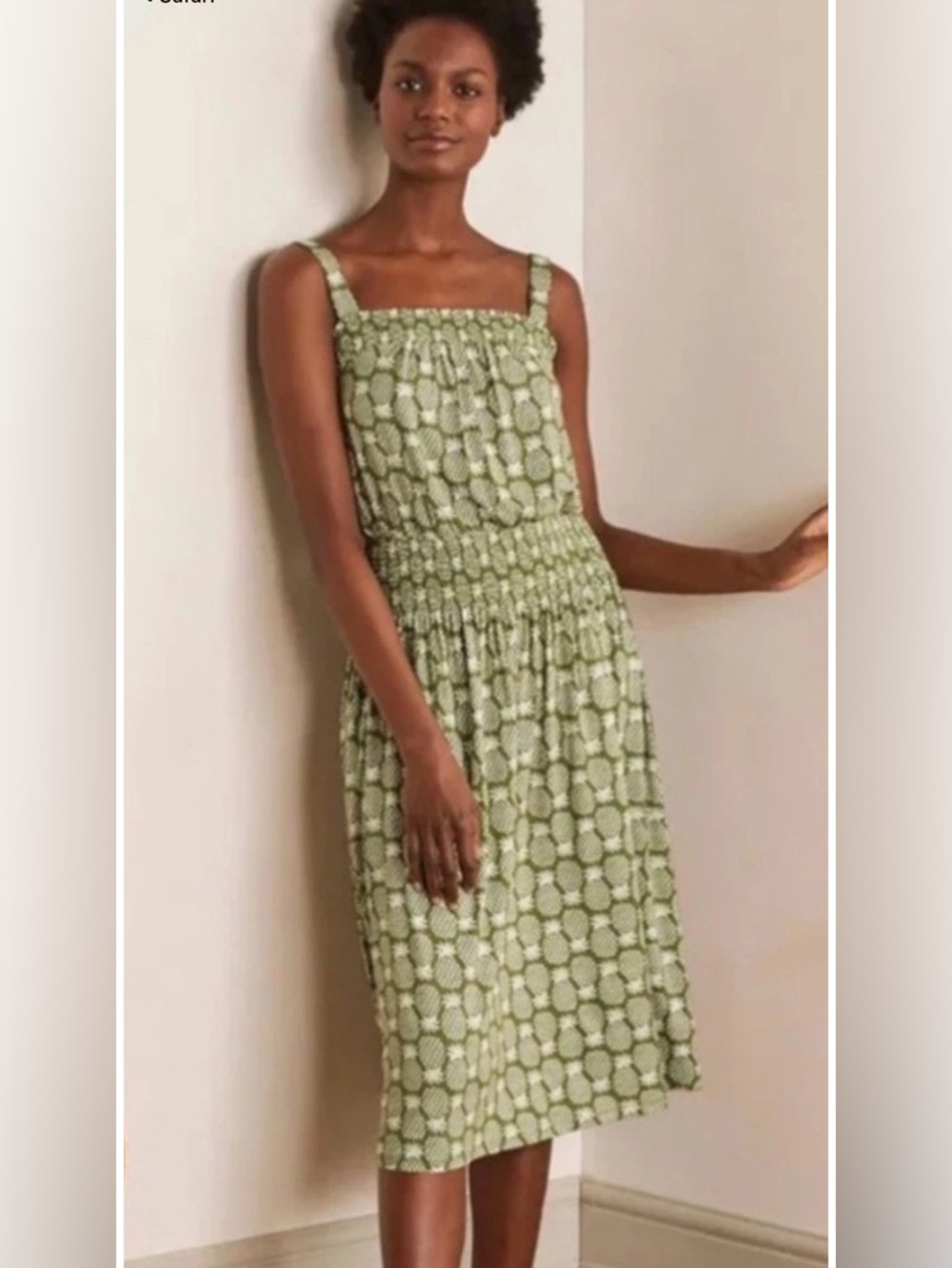Boden Olive Green Smocked Midi Dress with Pineapple Print size 6, small